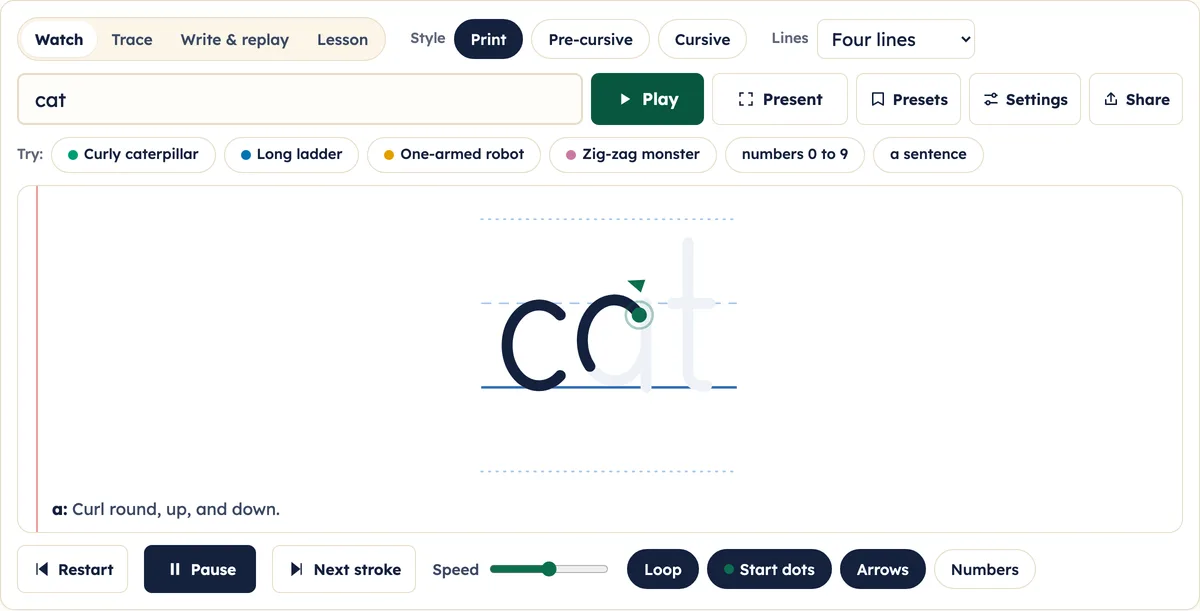 The word cat being written, with c finished and a half written, and a green start dot on a