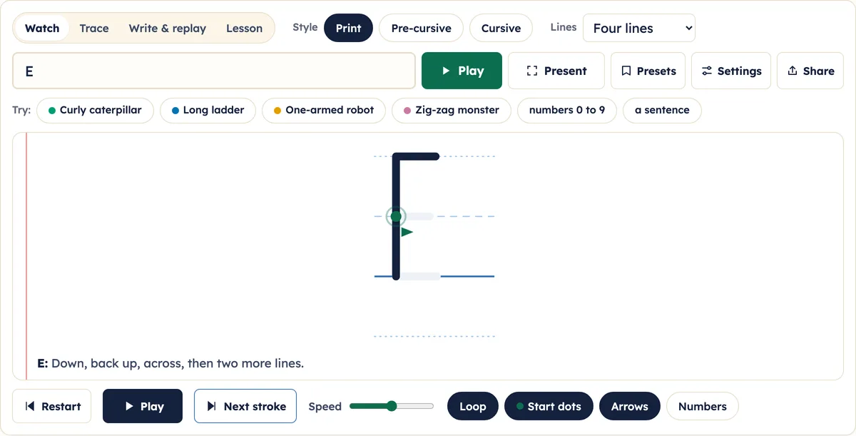 Capital E with its first stroke drawn and the start dot of the next stroke waiting on the middle line