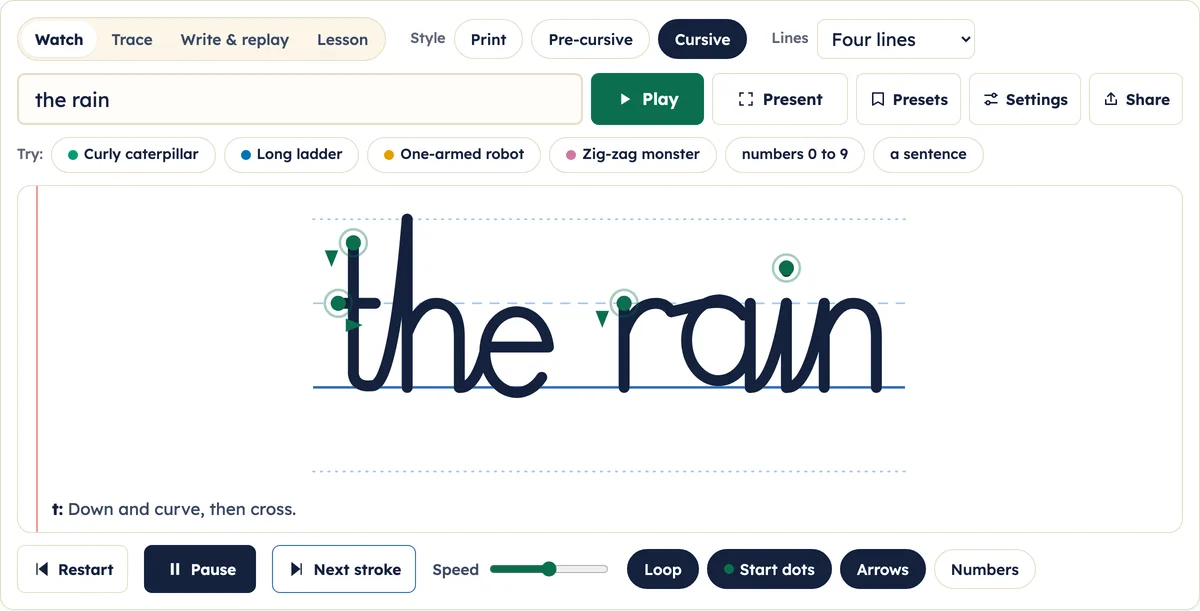 The words the rain written in joined cursive handwriting