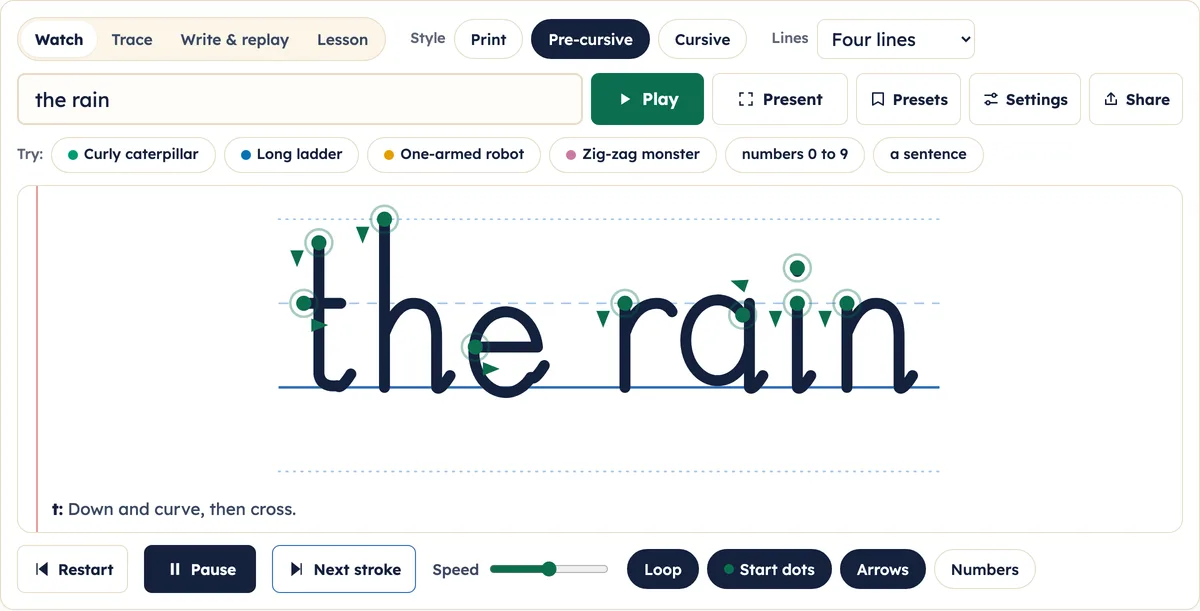 The words the rain written in pre-cursive letters with small exit flicks