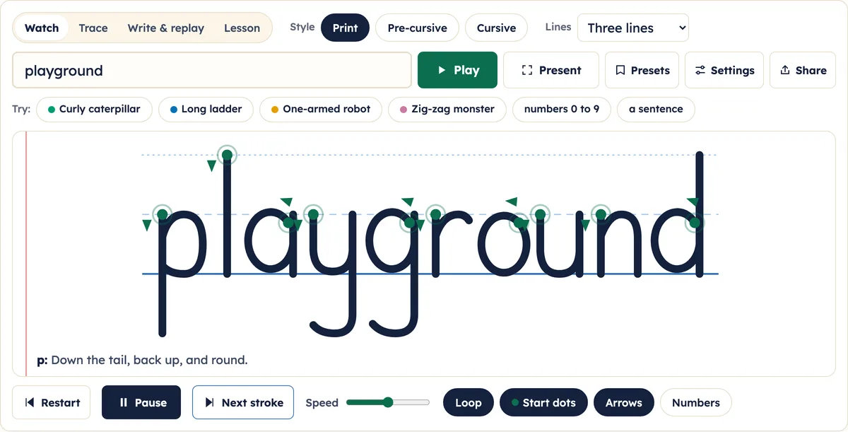 The word playground on three handwriting lines