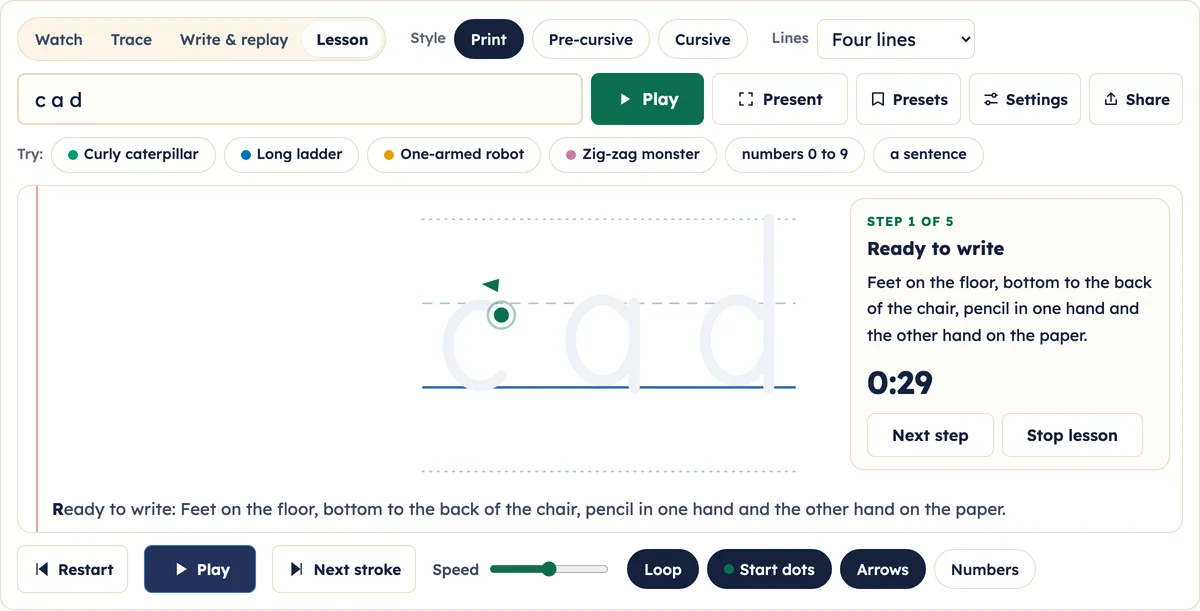 Lesson mode showing step 1 of 5, Ready to write, with a 29 second countdown beside the letters