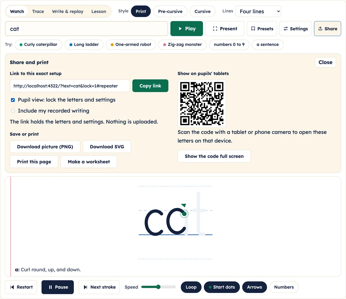The Share and print panel with a link, a Copy link button, a Pupil view tick box and a QR code