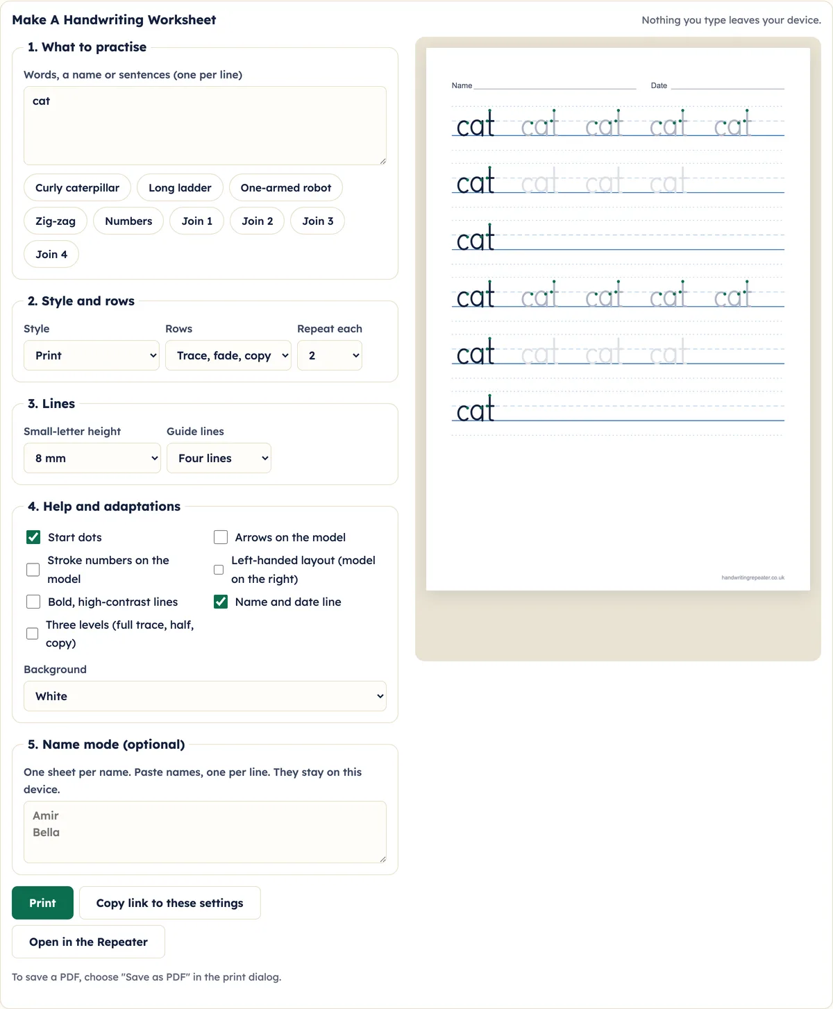 The worksheet generator with the word cat in trace, fade and copy rows on an A4 preview